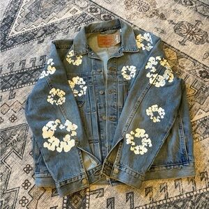 Men's Blue Denim Jacket with White Floral Design
